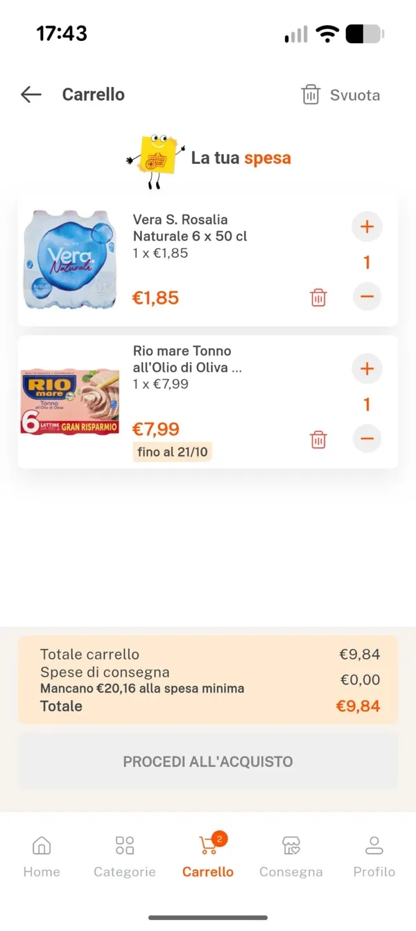 App NonPesa.it: carrello con totale e spesa minima