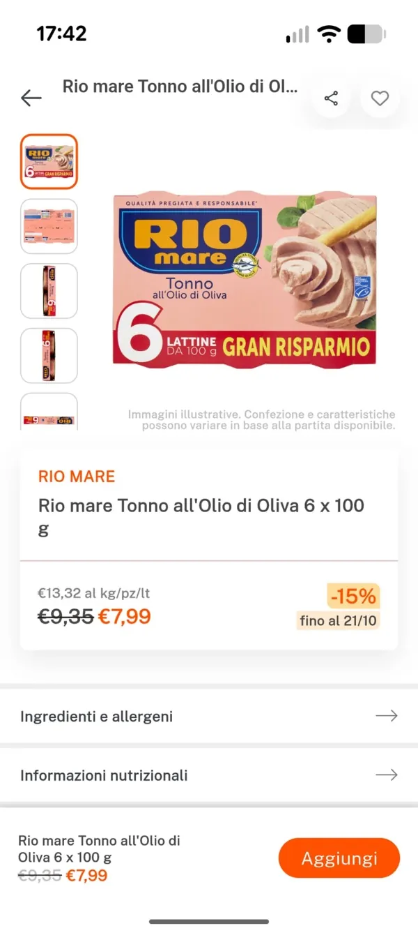 App NonPesa.it: scheda di un prodotto in offerta con sconto e data di scadenza