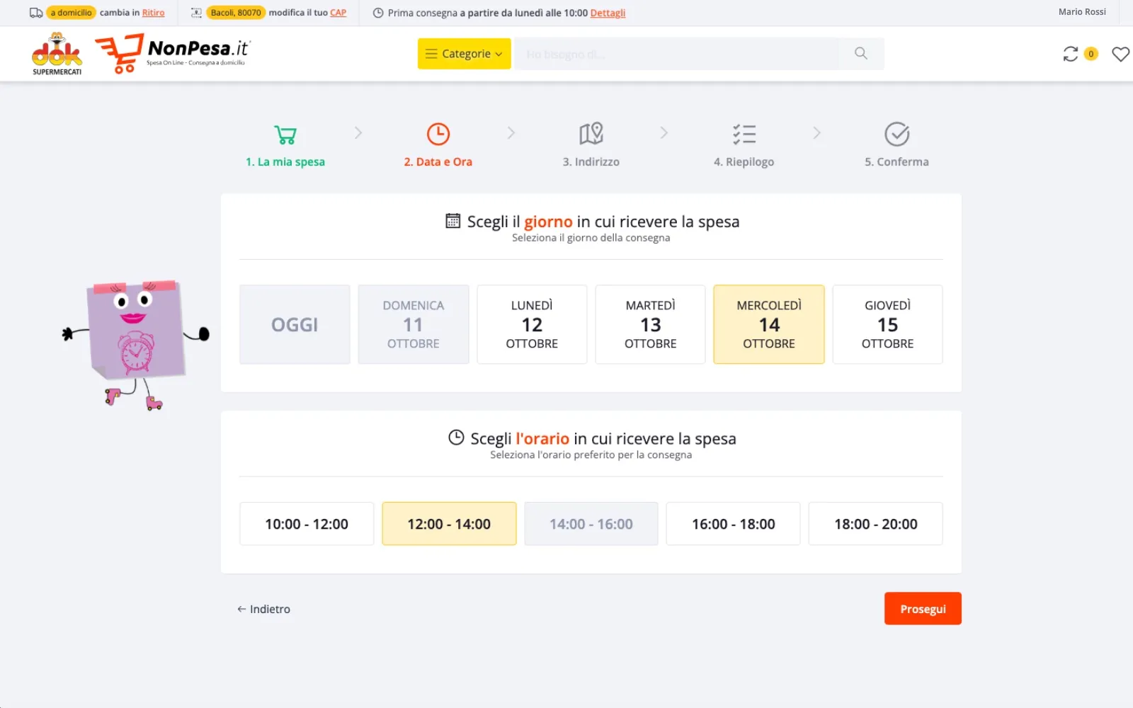 Checkout di NonPesa.it: il cliente sceglie il giorno e la fascia oraria di consegna