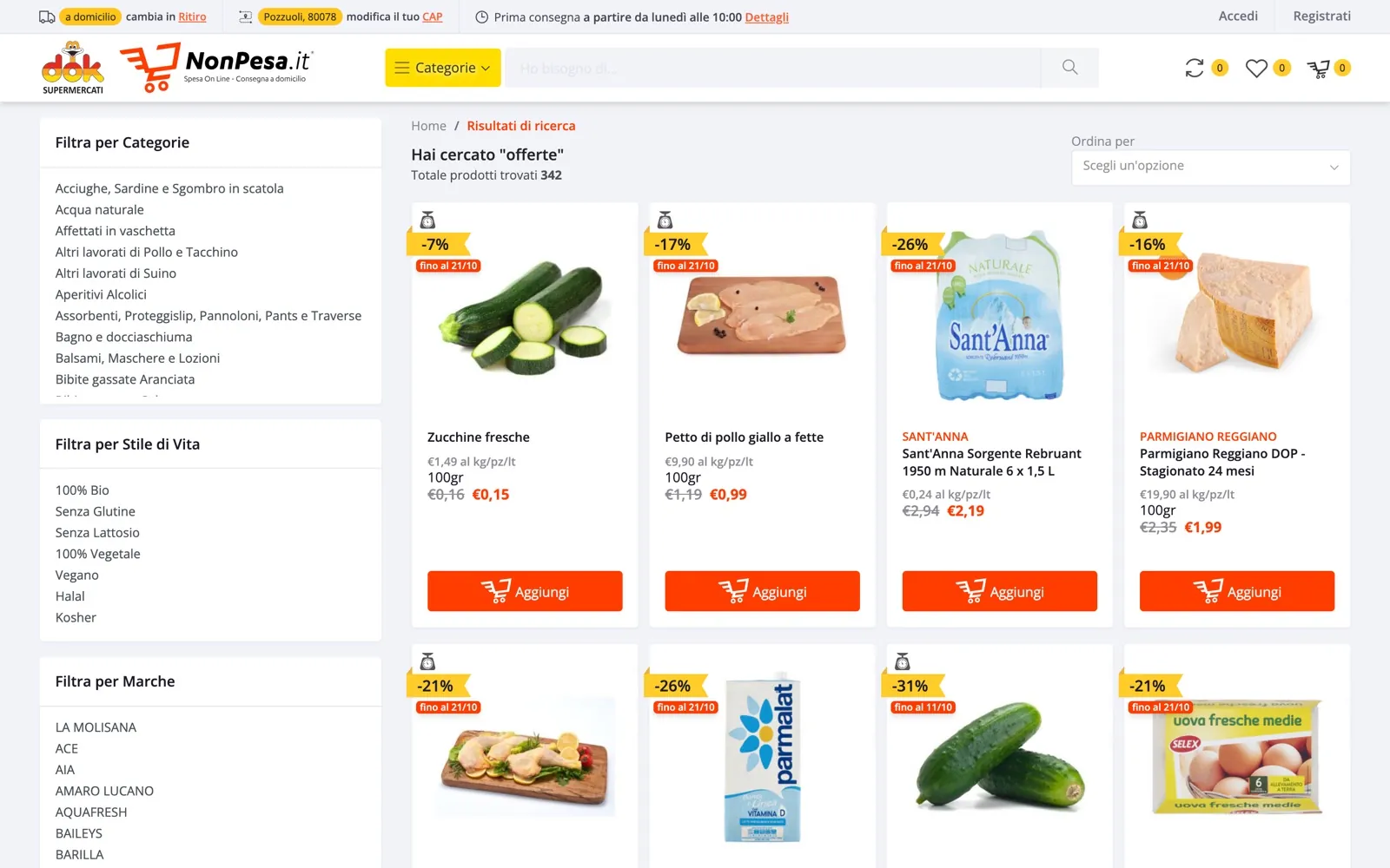Sito NonPesa.it: prodotti in offerta con percentuale di sconto e data di scadenza; in primo piano la stessa offerta nell'App
