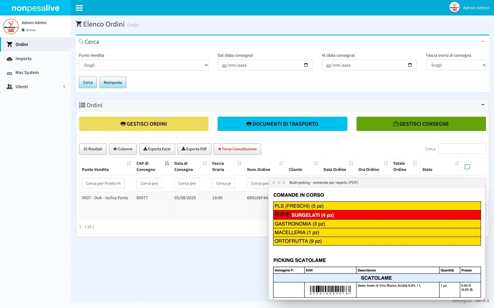 WebApp operatori: elenco ordini e comande di preparazione suddivise per reparto (dati anonimizzati)