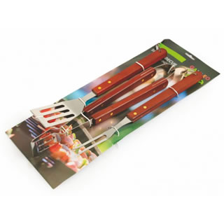 Set 3 Utensili per Barbecue in acciaio con manici in legno