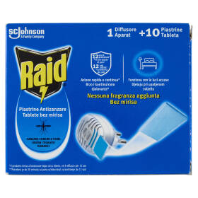 Raid Piastrine Antizanzare Comuni e Tigre, Azione prolungata, 1 Diffusore + 10 Piastrine Ricarica