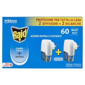 Raid Liquido Elettrico Antizanzare, Inodore, 60 Notti, 2 Diffusori e 2 Ricariche