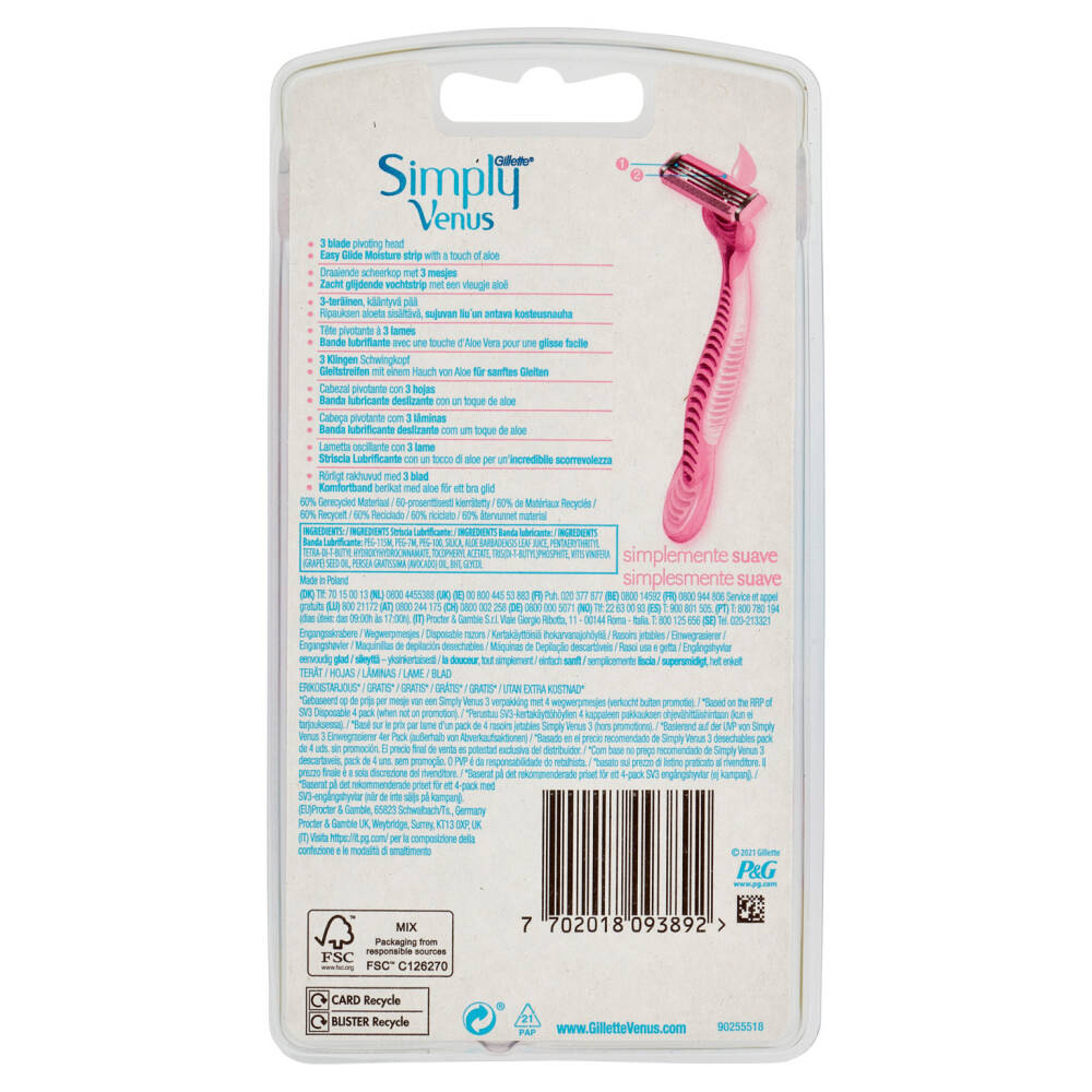 Gillette Rasoio da Donna Usa e Getta Simply Venus - 4 Rasoi + 2 Gratis = 6  Rasoi