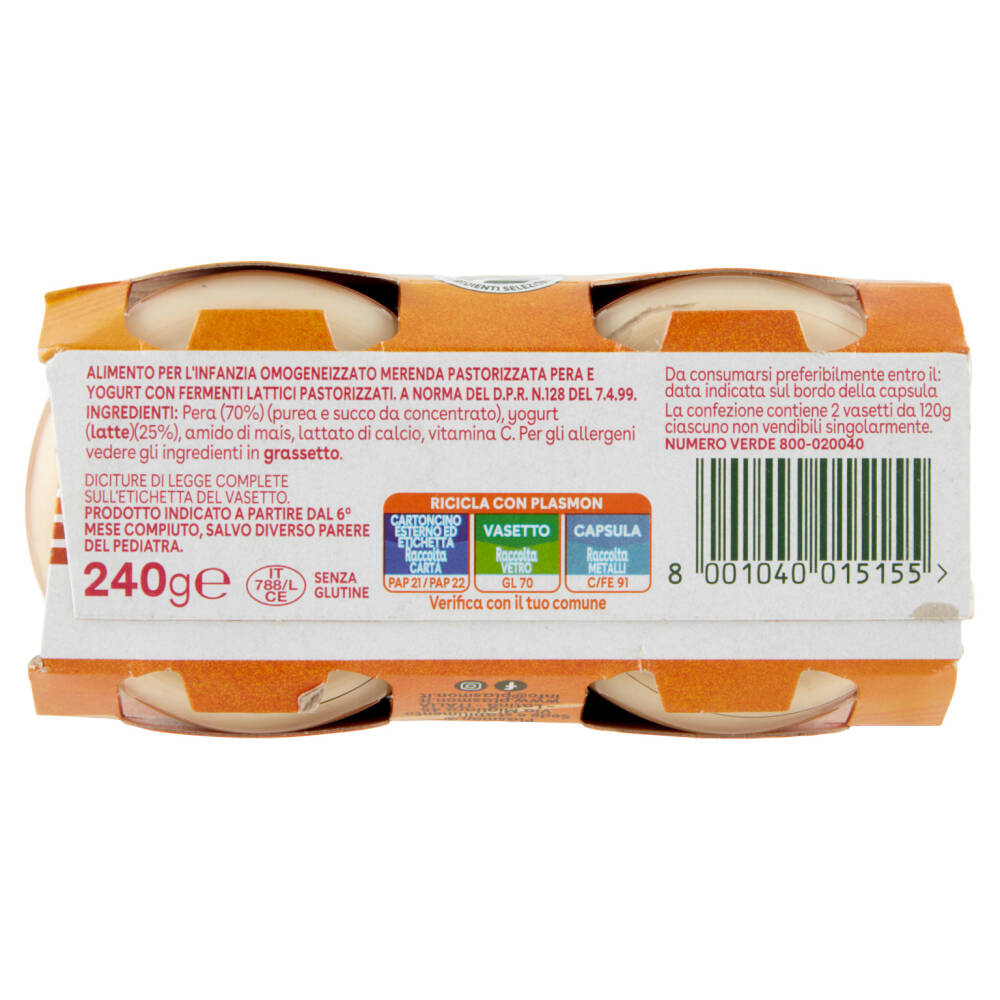 Plasmon Omogeneizzato Con Fermenti Lattici Pastorizzati Pera E Yogurt 2 X  120 G 