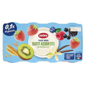 Selex Yogurt Magro Ai Gusti Assortiti: Frutti di Bosco, Kiwi e Cereali, Fragola, Vaniglia 8x125 g