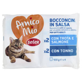 Selex Amico Mio Gatto Bocconcini in Salsa 2 con Trota e Salmone e 2 con Tonno 4x100 g