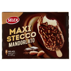 Selex 4 Maxistecchi di Gelato Vaniglia Ricoperti Cioccolato al Latte e Mandorle 350 g