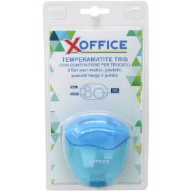 Temperamatite xoffice tris con contenitore raccoglitore per trucioli a 3 fori per matite, pastelli, pastelli mega e jumbo