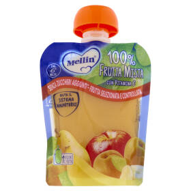 MELLIN Merenda di Frutta 100% Frutta Mista con Mela, Pera, Banana Albicocca, dal 6° mese, Pouch 90 g