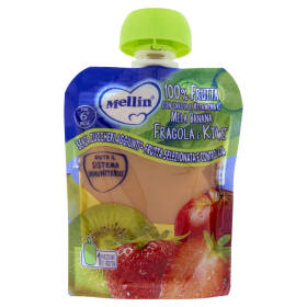 MELLIN Merenda di Frutta 100% con Carota e Vitamina C, Fragola e Kiwi, dal 6° mese, Pouch 90 g