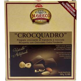 M. greco crocquadro croccantino di mandorle e nocciole ricoperto con cioccolato extra fondente 150 gr