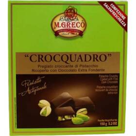 M. greco crocquadro croccantino di pistacchio ricoperto con cioccolato extra fondente 150 gr