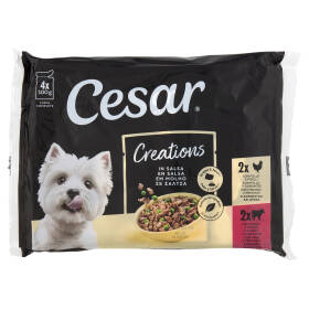 Cesar Cibo Umido Cane in Buste Manzo in salsa con carote & Pollo con piselli 4x100g
