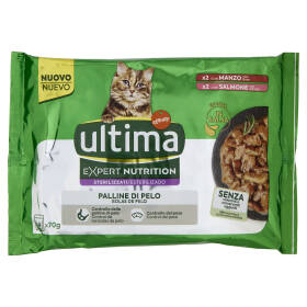 ultima Expert Nutrition Cat Sterilizzati Palline di Pelo con Manzo, con Salmone in Salsa 4 x 70 g