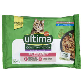 ultima Expert Nutrition Cat Sterilizzati Benessere Digestivo con Salmone, con Tonno in Salsa 4 x 70g